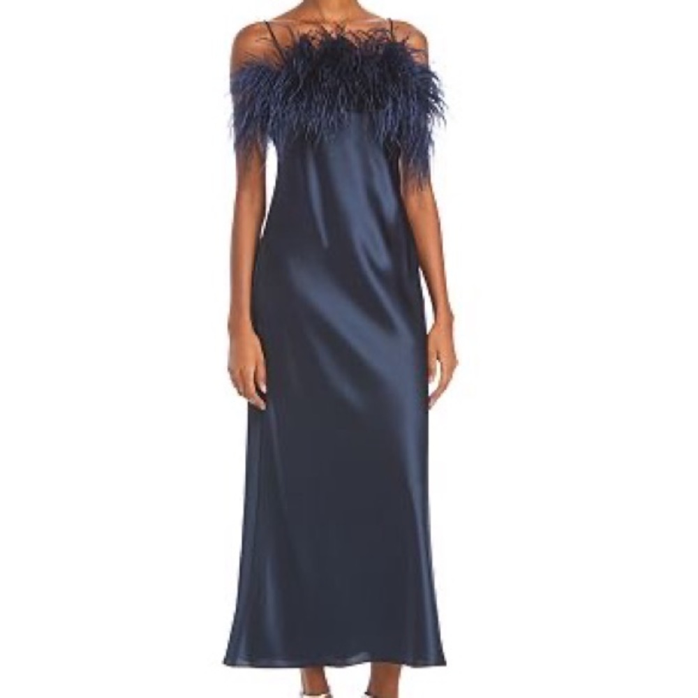 Cinq à Sept
Cerise Satin Feather Trim Midi Dress